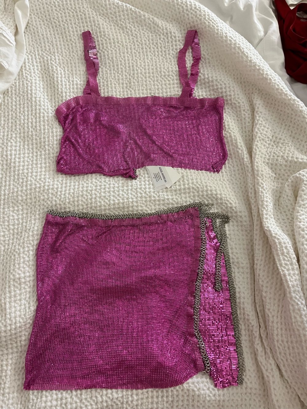 Good American Pink Sequin Skirt and Top Set with Metallic Trim